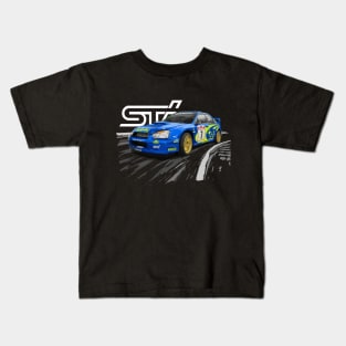 petter solberg sti rally blue Kids T-Shirt